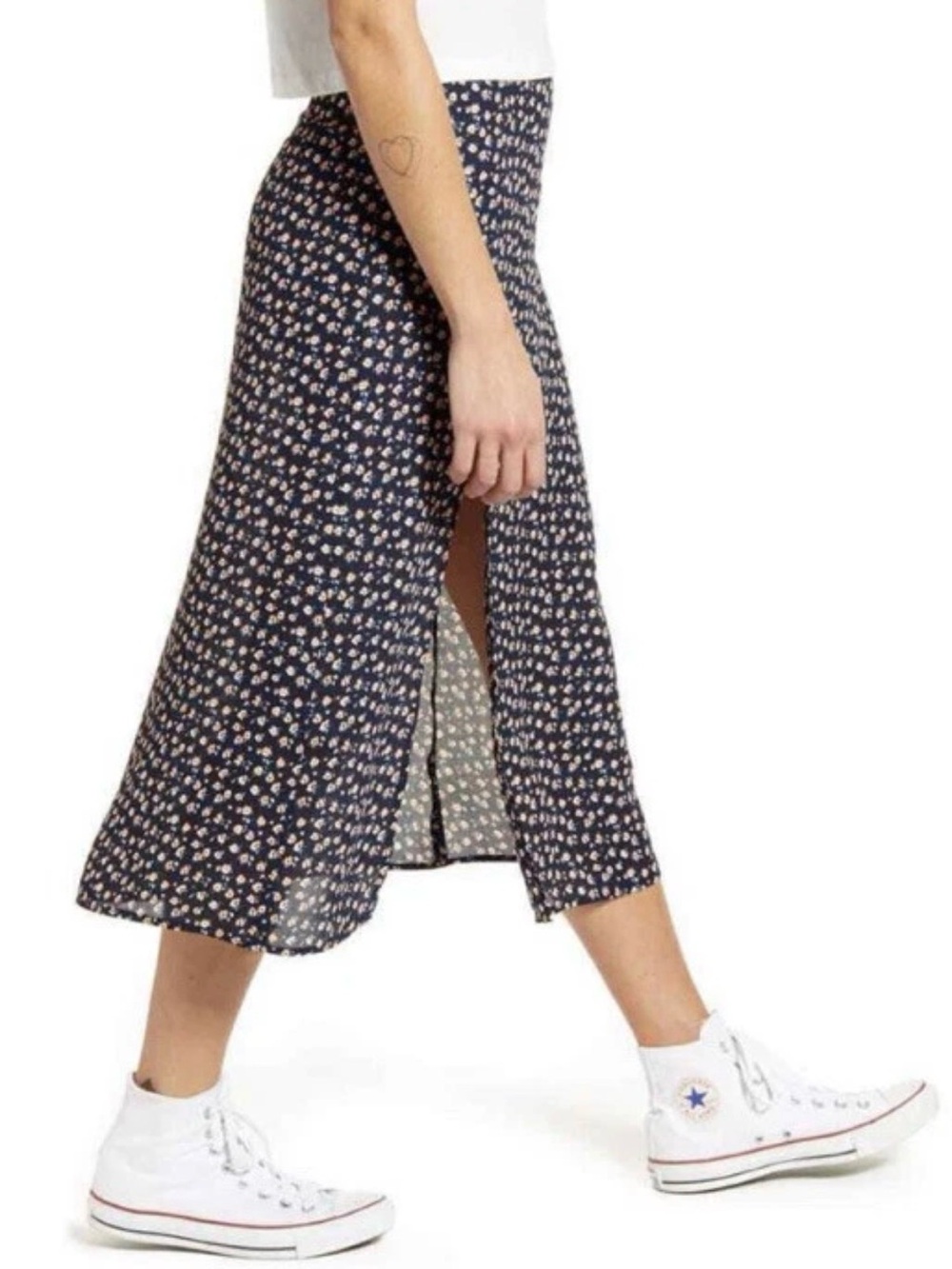 Good Luck Gem Floral Midi Skirt Navy Blue Peach Side Slit Women’s Small